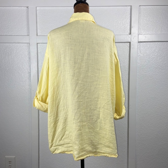 Magaschoni 100% Linen Button Down Tunic Top Yellow Roll-Tab Sleeves Women’s M - Picture 5 of 8